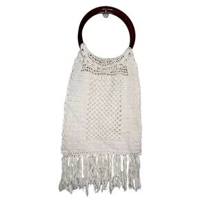 Vintage Boho Macrame Crochet Fringe Bag with Lucite Handles Cream Fully Lined
